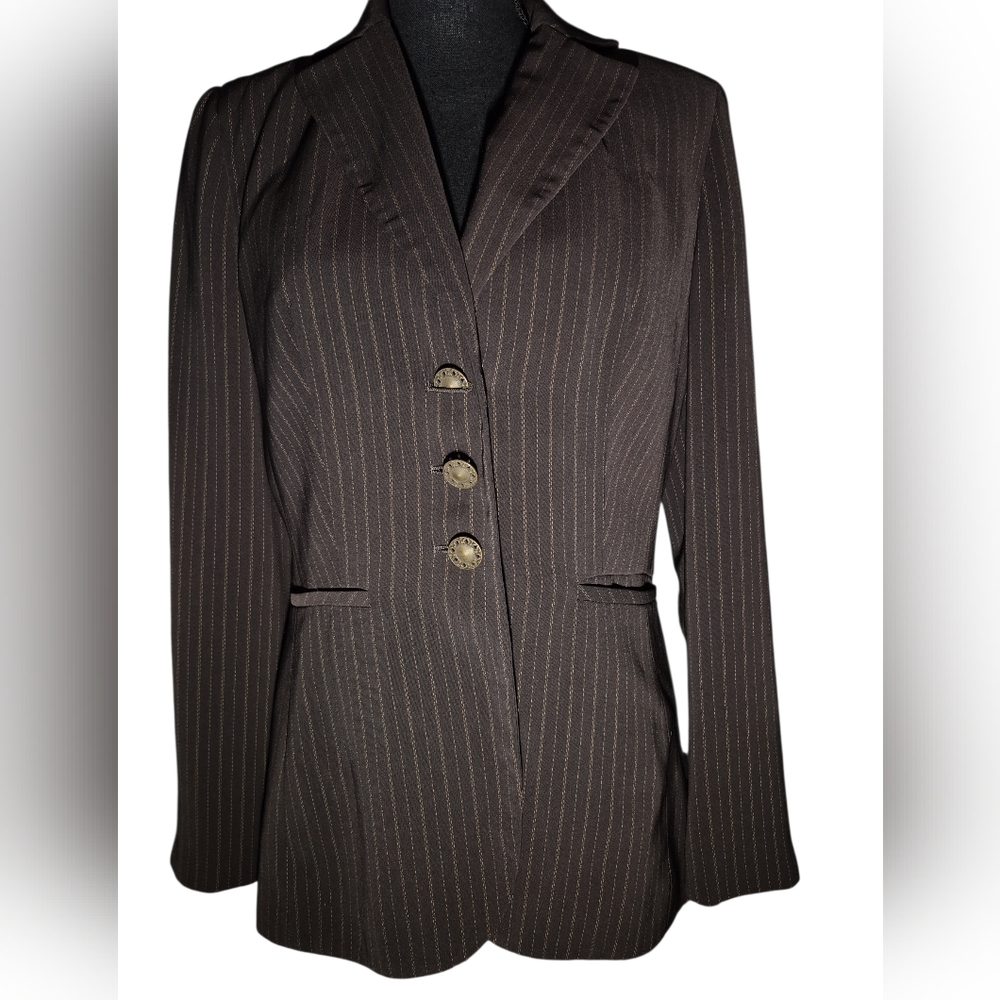 Power Dressing: Allen by A.B.S. Chocolate and Tan Pinstripe Fitted Blazer - Size